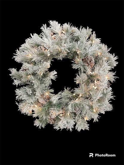 30" Lit Flck Winterf Wreath Li