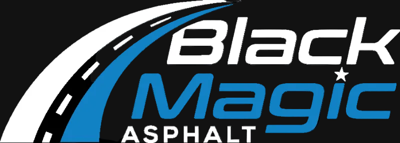Black Magic Asphalt logo with a blue curved stripe and blue text on a white background.