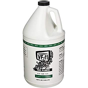 A white gallon with a label that includes green and black text, and a graphic of a plant. The label reads 'Eleanor's VF-11 Plant Food'.